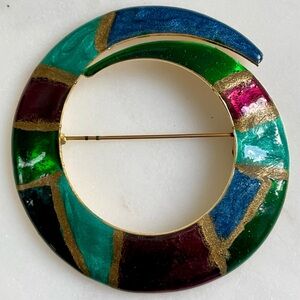 Retro vintage Multicolor Enamel Circle Brooch - Gold Accents